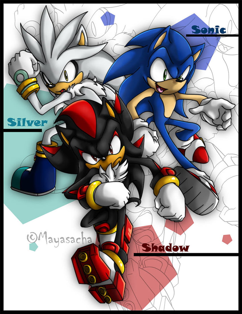 Фен арт на Sonic Characters: Sonic, Shadow и Silver, звукова сянка и сребро HD тапет за телефон
