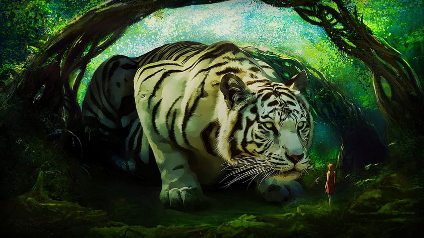 digital art fantasy art, tiger and women HD wallpaper