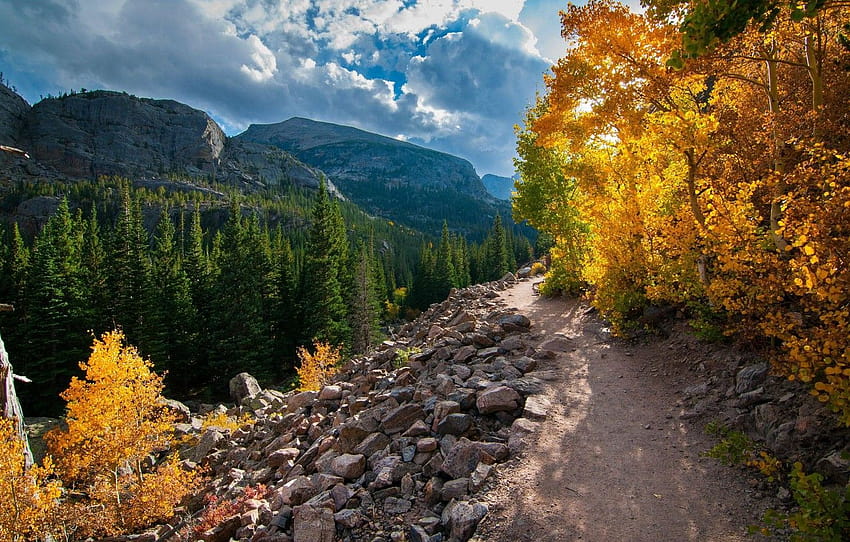 ฤดูใบไม้ร่วง ภูมิทัศน์ ภูเขา ธรรมชาติ ลู่ สหรัฐอเมริกา เส้นทาง ป่า อุทยานแห่งชาติ อุทยานแห่งชาติ Rocky Mountain Rocky Mountain หมวด пейзажи เส้นทางหิน วอลล์เปเปอร์ HD