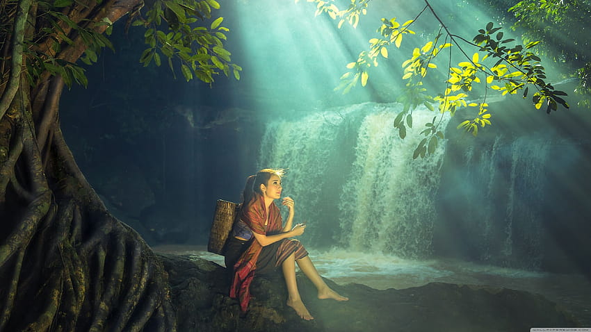 Linda garota asiática, floresta tropical, cachoeira ultra, ao ar livre ultra papel de parede HD