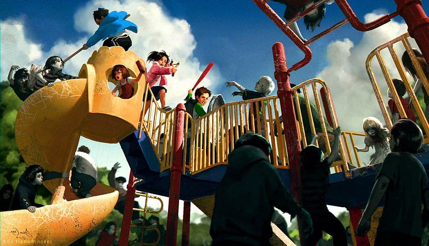 Dzieci walczą z zombie na placu zabaw Tapeta HD