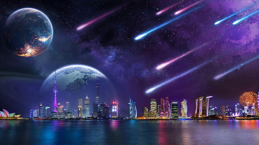 Stellar City, purple city HD wallpaper