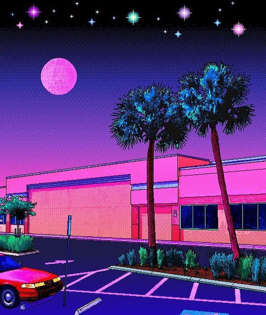 Pixel Art Oldschool Mondbäume Palmenmarkt Einkaufszentrum, ästhetische alte Schule HD-Handy-Hintergrundbild
