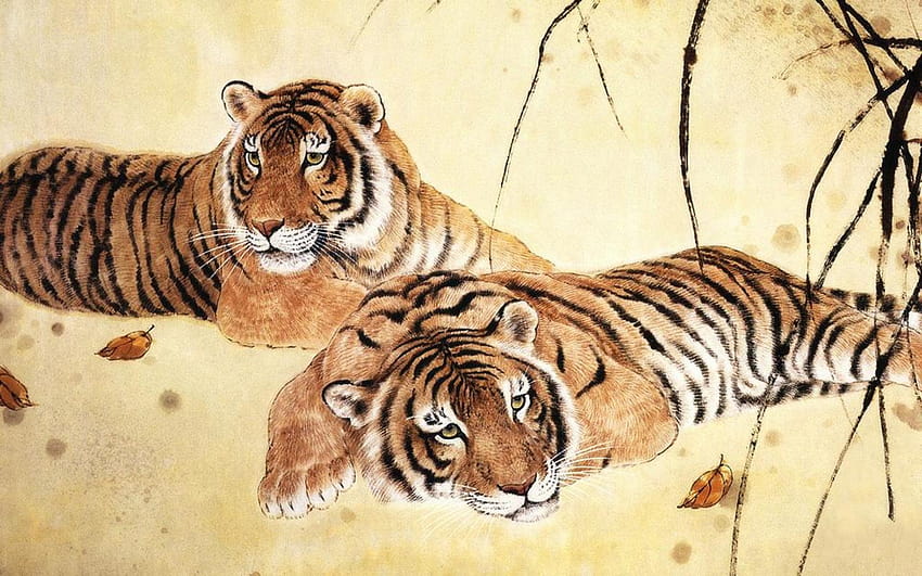 japanese animal paintings, tiger painting HD wallpaper