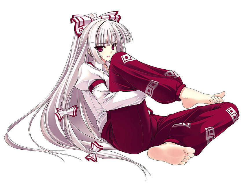 Touhou white barefoot Fujiwara no Mokou gray hair simple backgrounds anime girls, anime feet HD wallpaper