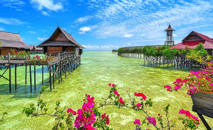 Malaysia, paradise, tropical, springtime, lovely, beautiful, resort, white clouds, blue sky, flowers, water bungalows, beach, green ocean, wooden walkway, island ::, cloud spring HD wallpaper