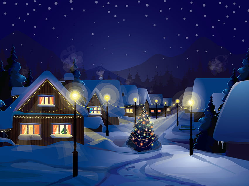 หมู่บ้านคืนคริสต์มาสในวันคริสต์มาสที่เต็มไปด้วยหิมะ : 13 อะนิเมะฉากคริสต์มาส วอลล์เปเปอร์ HD