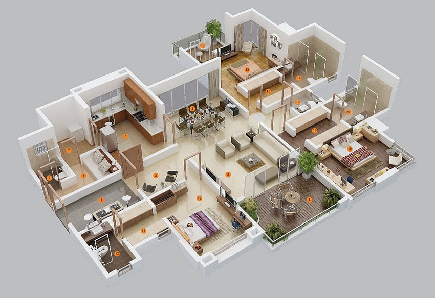 Planos de casa/apartamento de 3 dormitorios, plano de planta fondo de pantalla