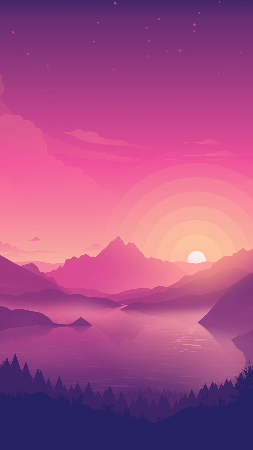 Riva del lago, cielo rosa, tramonto, arte minimale, natura, iphone minimalista al tramonto Sfondo del telefono HD
