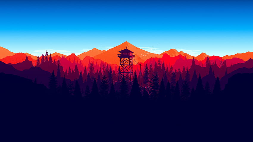 pine trees field, Firewatch game, gaming sunrise retro HD wallpaper