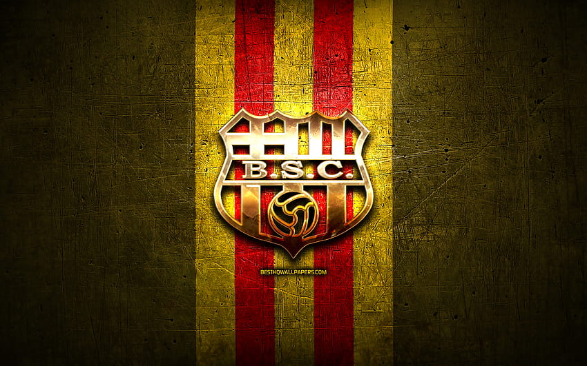 Barcelona SC, złote logo, ekwadorska Serie A, żółte metalowe tło, piłka nożna, Barcelona Sporting Club, ekwadorski klub piłkarski, logo Barcelona SC, piłka nożna, Ekwador z rozdzielczością 2880x1800. Wysoka jakość, barcelona ekwador Tapeta HD