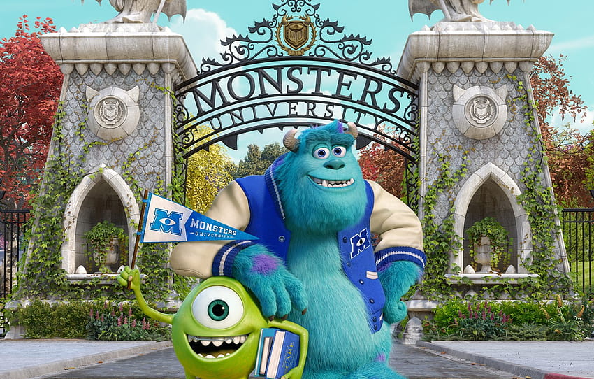 cartone animato, cancello, amici, statue, studenti, Accademia dei mostri, Monsters University, Inc., Monsters Inc., Monsters University, Monsters, campus , sezione фильмы Sfondo HD