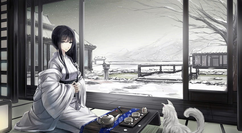 523396 anime girls original characters japanese clothes asian architecture cat snow kimono winter black hair japanese traditional clothing, anime cat winter HD wallpaper