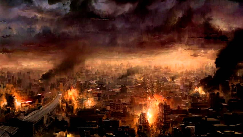 Salvation, burning city background HD wallpaper