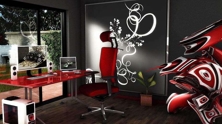 Nowoczesny pokój biurowy, futurystyczny styl, czerwone krzesło, czarne ściany Tapeta HD