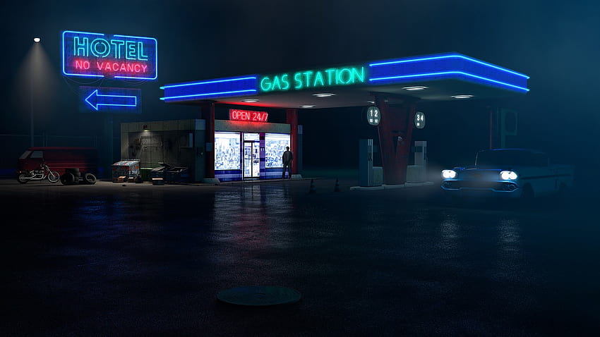 Night Lights City, Neon-Tankstelle HD-Hintergrundbild