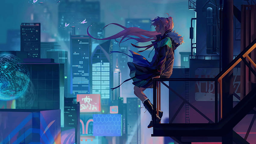 City Anime Girl Alone, Anime-Stadt HD-Hintergrundbild