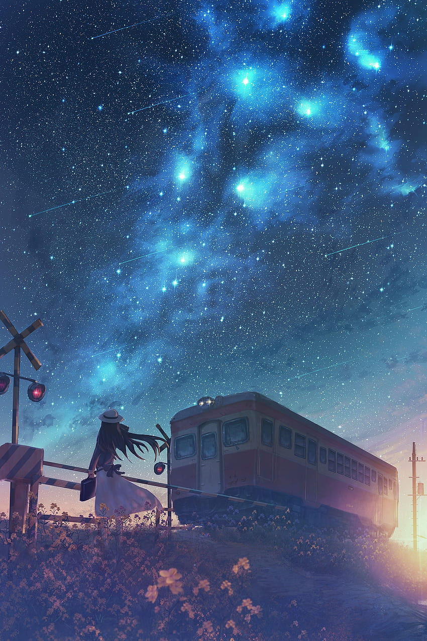 Аниме Starry Night Sky, публикувано от Кристофър Селърс, аниме естетическа нощ HD тапет за телефон