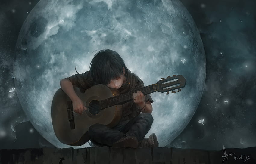 Little Boy on Full Moon Night, little musician HD wallpaper