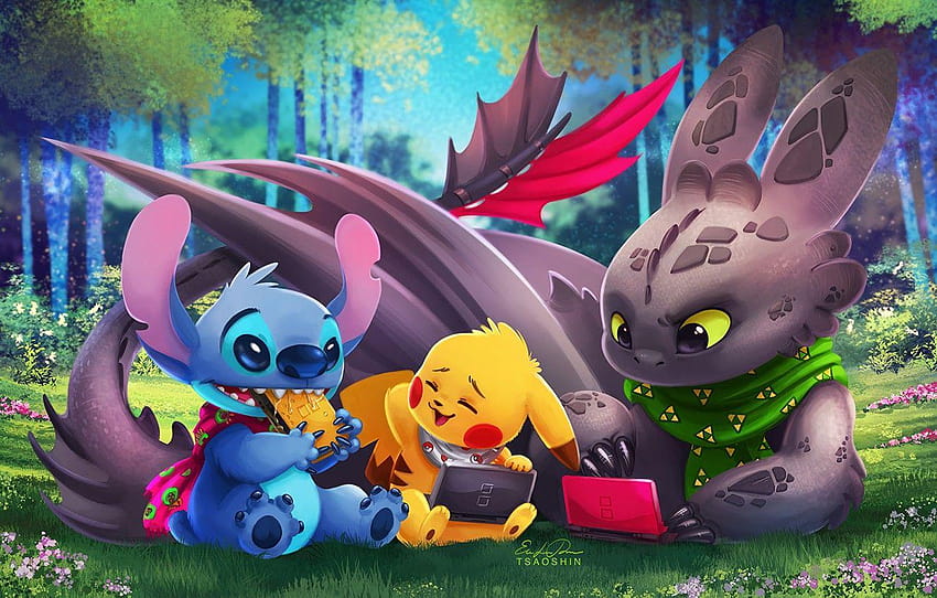 Pokemon, Toothless, Pikachu, Crossover, Lilo & Stitch, How, Toothless Stitch y Pikachu fondo de pantalla