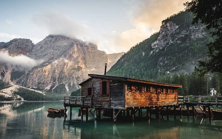 cabin and body of water South Tyrol Lake Pragser HD wallpaper