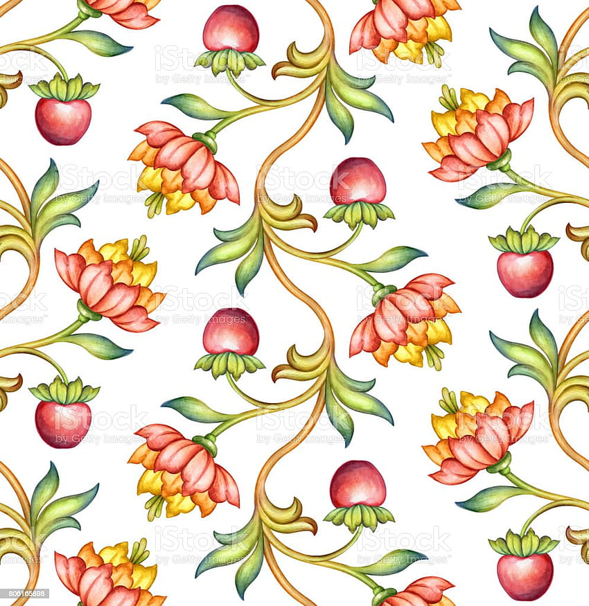 원활한 꽃 패턴 중세 배경 수채화 손으로 그린 ​​ 빨간 사과 튤립 꽃과 녹색 잎 빈티지 식물 스톡 일러스트 HD 전화 배경 화면