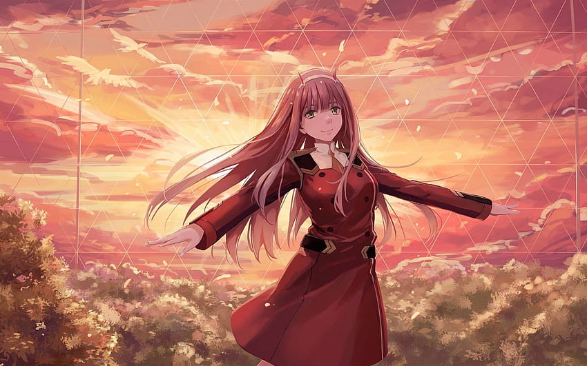 1920x1200 Zero Two, Darling In The Franxx, Pink Hair, Sunset, Birds, Smiling para MacBook Pro de 17 pulgadas fondo de pantalla