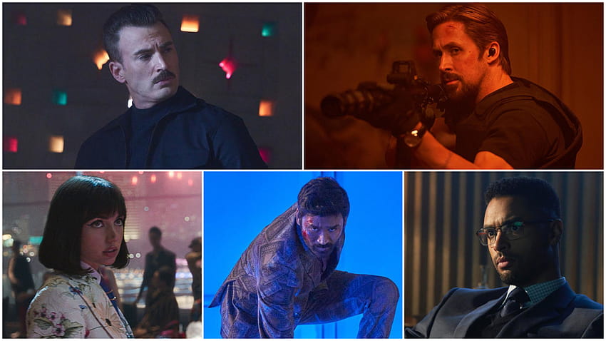 The Gray Man: Ryan Gosling, Chris Evans, Dhanush, Rege Jean Page i Ana de Armas wyglądają uprzejmie i zaciekle w pierwszym ujęciu z filmu Russo Brothers Tapeta HD