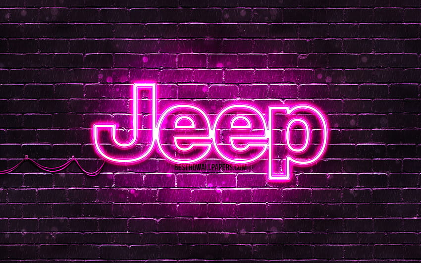 Jeep purple logo, purple brickwall, Jeep logo, cars brands, Jeep neon