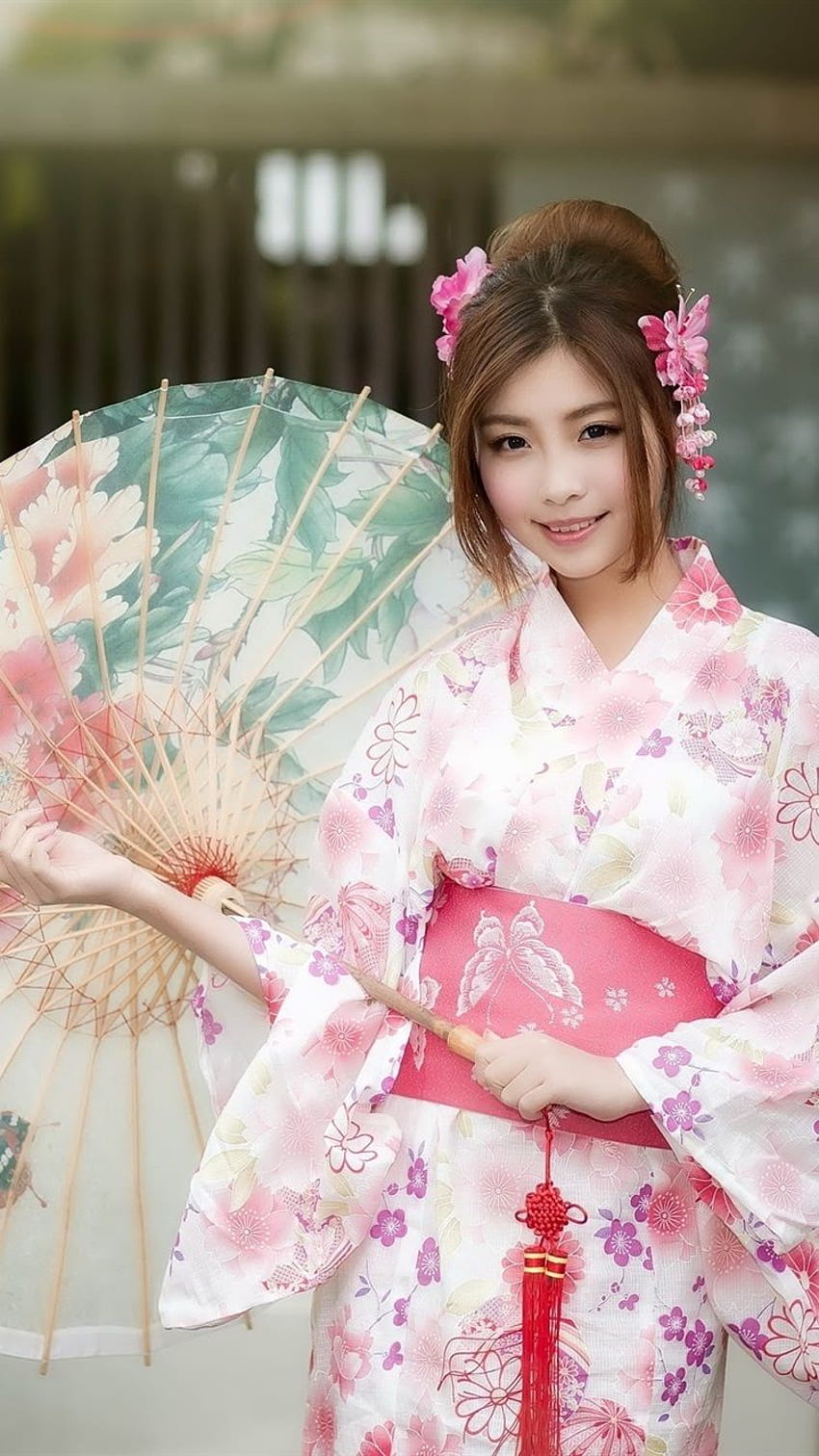 Hermosa chica japonesa, kimono, paraguas 750x1334 iPhone 8/7/6/6S, belleza chica japonesa iphone fondo de pantalla del teléfono