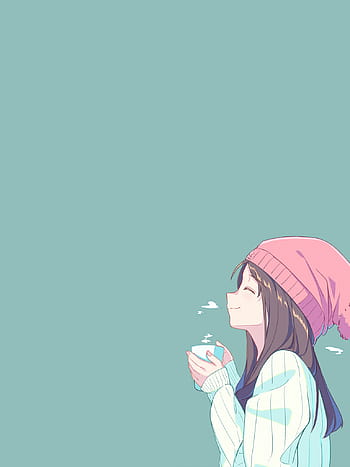 Cute Anime Girl, Smiling, Profile View, Coffee, Beanie, Brown Hair ...