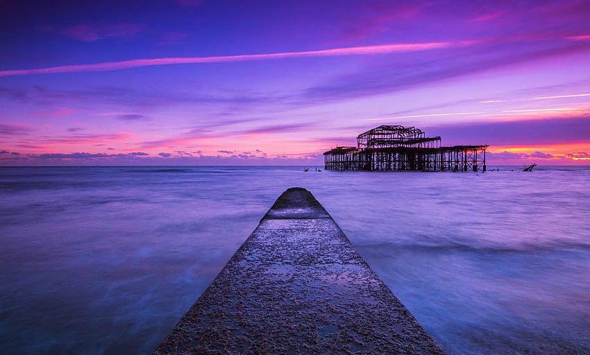 England pier UK Brighton sea ocean sunset pier HD wallpaper
