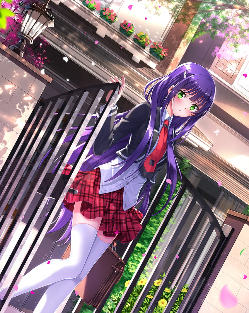 : anime girls, cheveux violets, yeux verts, cheveux longs, Anne Happy 1102x1386 Fond d'écran de téléphone HD