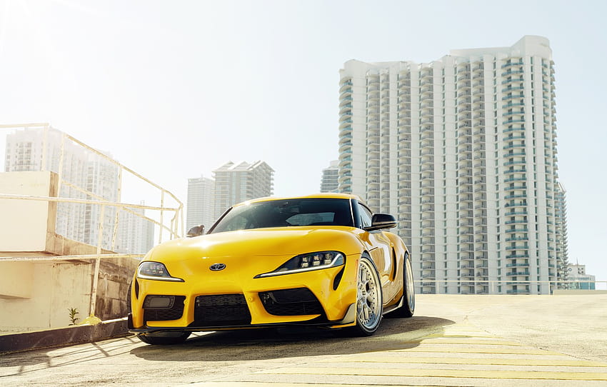 yellow, building, sports car, front view, Toyota Supra, 2020 Toyota GR Above , section toyota, mk1 supra HD wallpaper