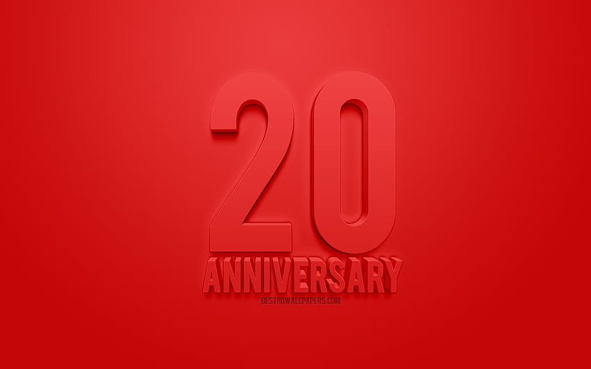 20 years anniversary, Red 3d art, greeting card, 3d anniversary art, 20 anniversary label with resolution 2560x1600. High Quality, number 20 HD wallpaper