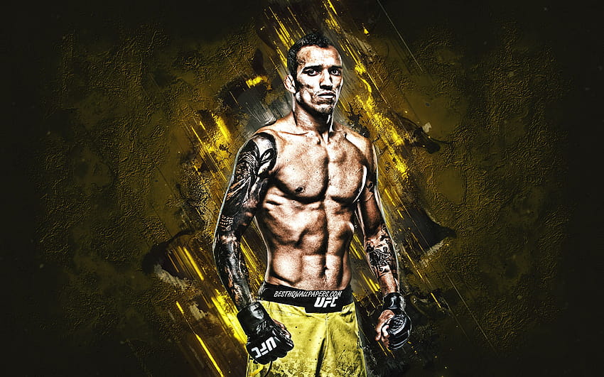 Charles Oliveira, MMA, portrait, combattant brésilien, fond de pierre jaune, art créatif avec résolution 2880x1800. Haute qualité Fond d'écran HD