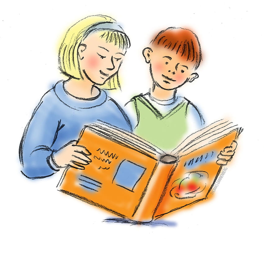 Деца, четящи книги, графични , графични в библиотека с клипарти, четене на момче HD тапет
