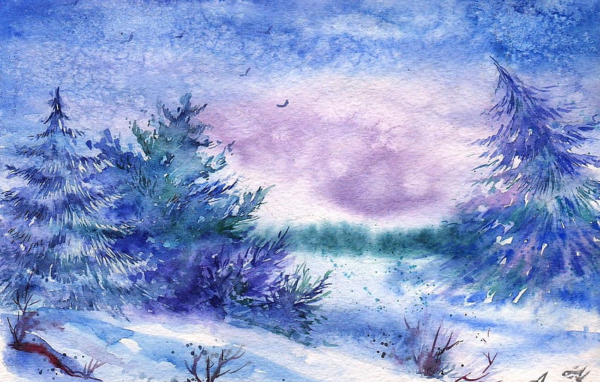 冬、雪、鳥、水彩画、木、風景画、セクション живопись、冬の水彩画 高画質の壁紙