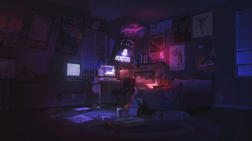 : The Midnight Monsters, crt, TV, CRT Monitor, bed, backpacks, game posters, Film posters, PlayStation, pizza, computer, skateboard, desk lamp, clocks, alarm clock 3840x2160 HD wallpaper