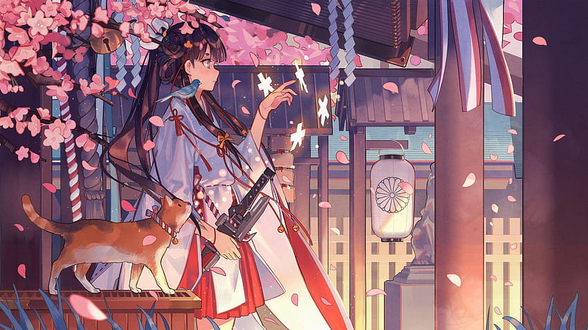 Ragazza anime, kimono, katana, fiore di sakura, vista profilo, kimono anime Sfondo HD
