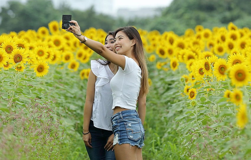 field, joy, sunflowers, nature, girls, the camera, smile, selfie girl HD wallpaper