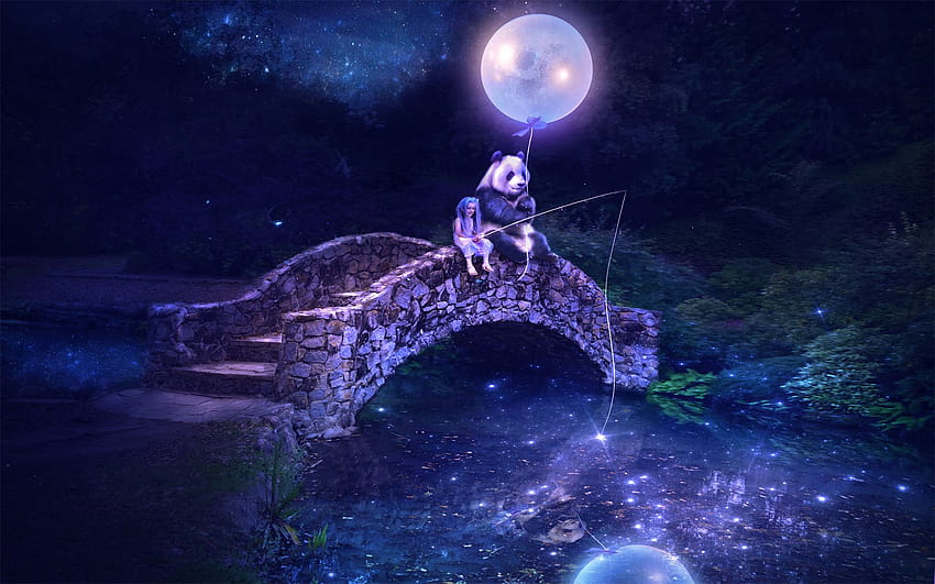 Fantastic world Bridges Pandas Moon Night Fantasy panda bear girl girls magical, girl and moon night HD wallpaper