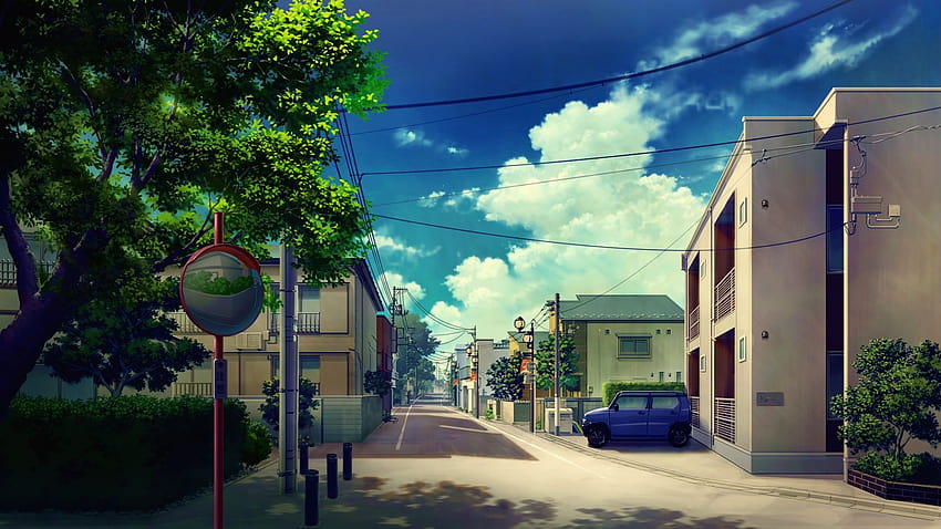 1920x1080 Anime Kraj, Ulica, Budynki, Drzewa, Sceniczny, Lustro na panoramiczny, uliczna sceneria anime Tapeta HD
