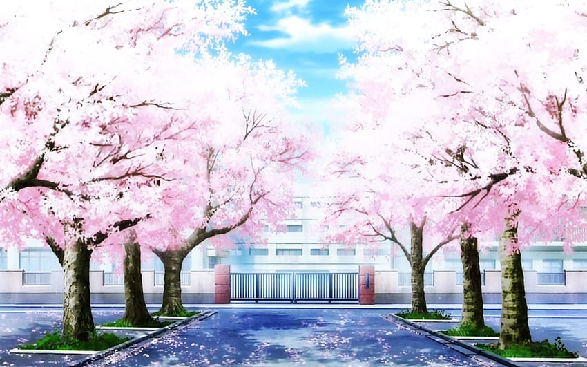 Edificio escolar, patio de la escuela de anime. fondo de pantalla