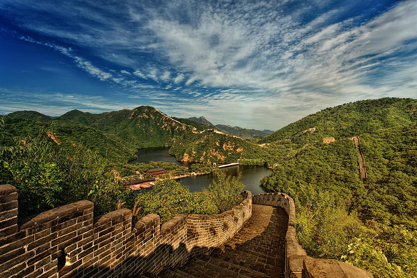 great wall of china, lake, mountains, landscape, great wall of china computer HD wallpaper