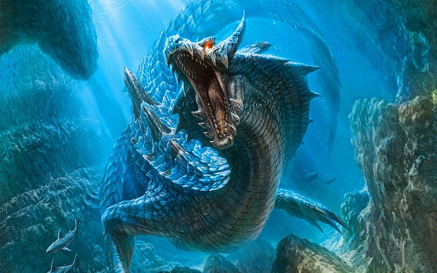 1144214 arte digital, monstruos marinos, puesta de sol, mar, Monster Hunter, mitología, Lagiacrus, captura de , computadora, personaje ficticio, serpiente marina fondo de pantalla