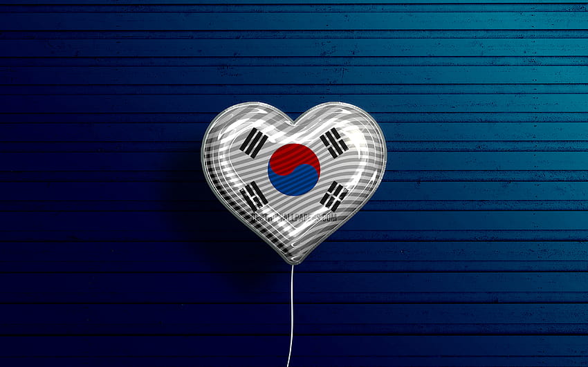 Saya Suka Korea Selatan, balon realistis, latar belakang kayu biru, negara-negara Asia, negara favorit, bendera Korea Selatan, balon dengan bendera, bendera Korea Selatan, Korea Selatan, Cinta Korea Selatan untuk, saya suka korea Wallpaper HD