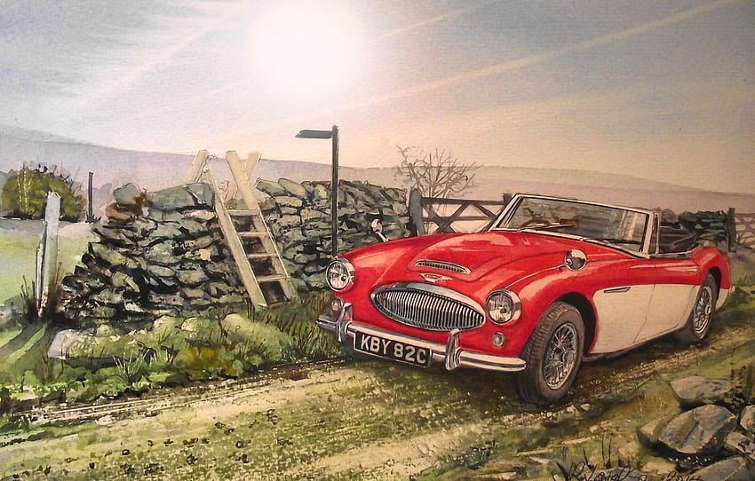 road, machine, figure, Roadster, painting, classic, Austin Healey , section живопись HD wallpaper