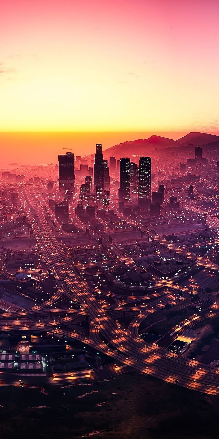 Los Santos, GTA V, cityscape, sunset, game, aesthetic sunset ps4 HD phone wallpaper