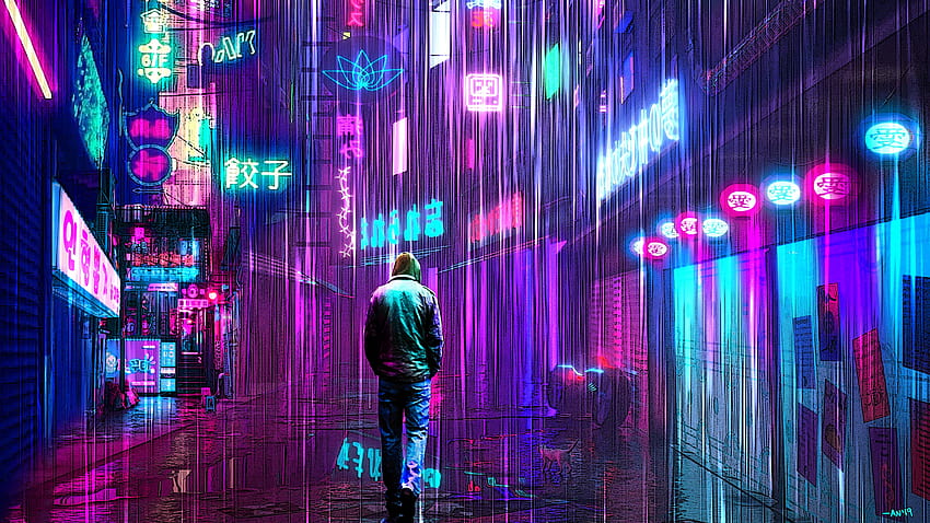Neon Rainy Lights Cyberpunk, néon de jeu Fond d'écran HD